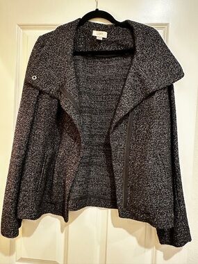 LOFT Black & White Heathered Open-Front Draped Cardigan